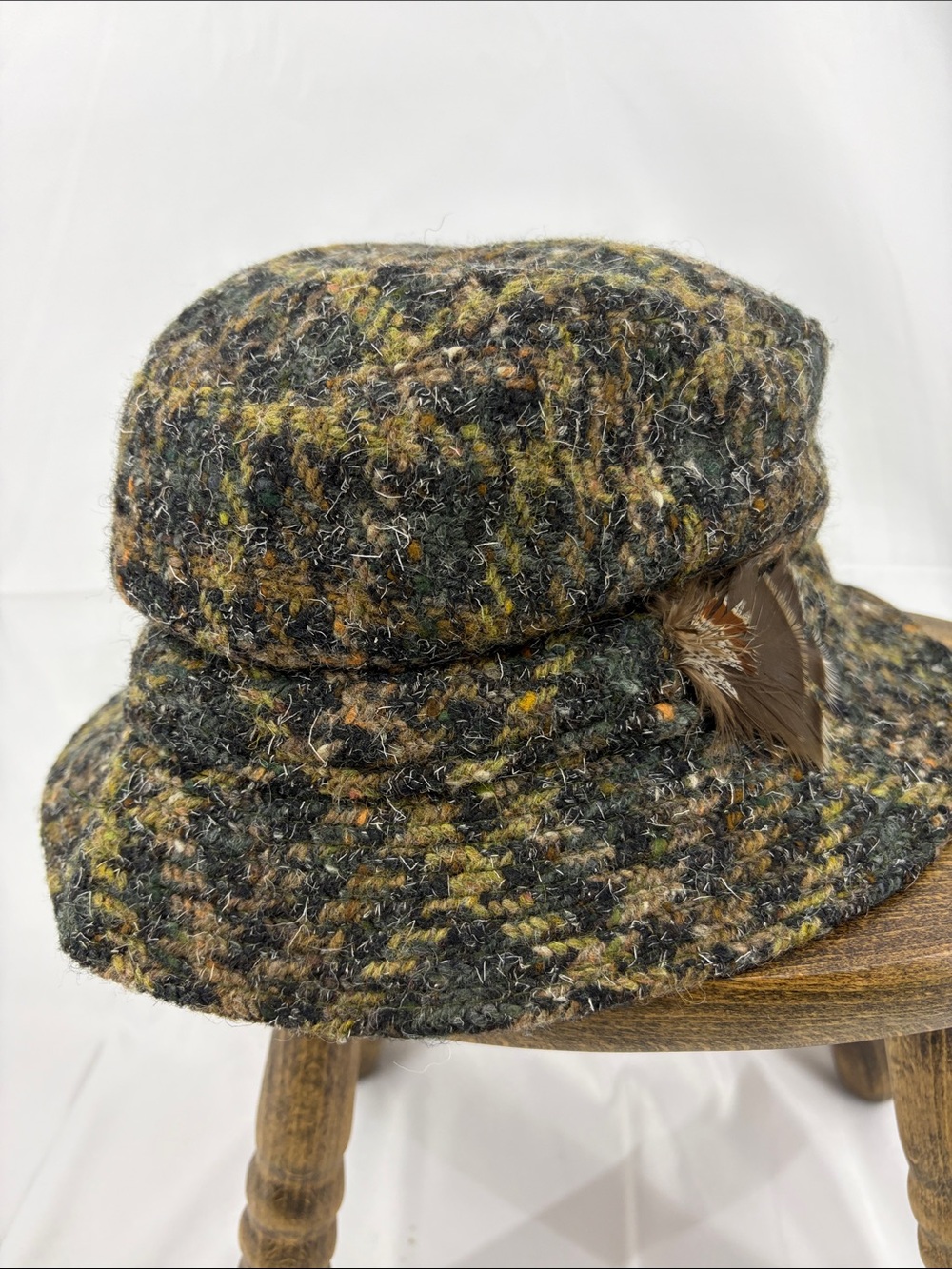Mizen Head Made in Ireland Tweed 100% Wool Olive Bucket Hat w/ Feather Accent, M